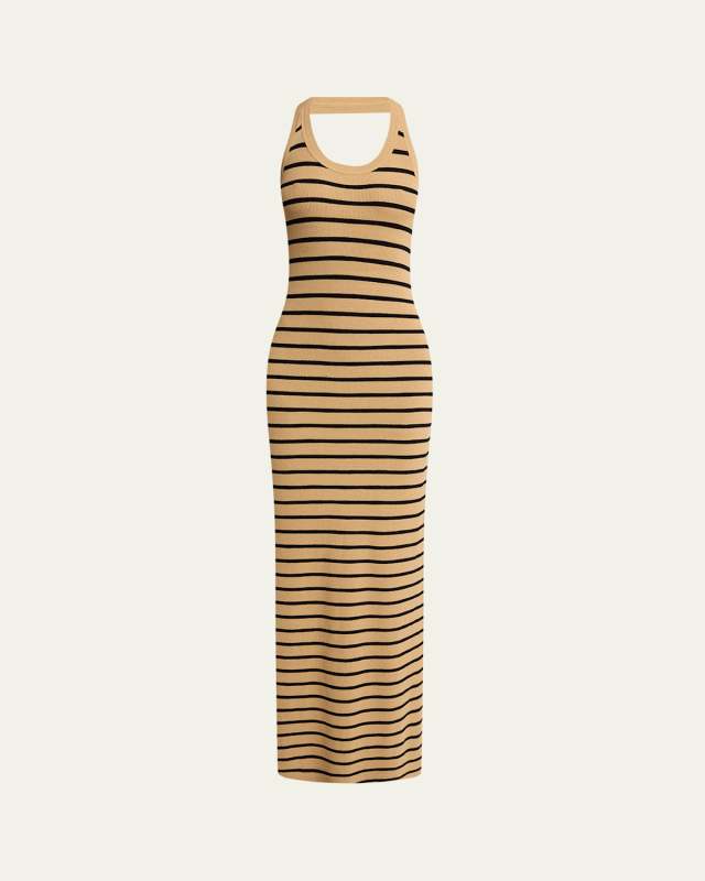 Meryl Striped Matte Viscose Rib Halter Maxi Dress